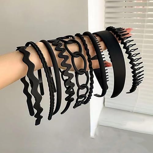 Waltonalice 9 Stück Haarreifen Haarband Damen Elastisches Haarbänder Zickzack Haarreif Kunststoff-Kopfband Hair Hoop für Frauen Mädchen haarreifen für Sport Yoga Make-up Waschen Schwarz von Waltonalice