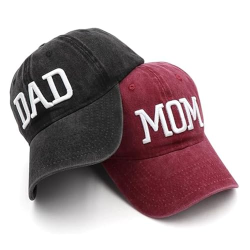 Waltonalice Einheitsgröße 2er-Pack Baseballmützen für Mutter und Vater Lustige Bestickte Papa Mama Mütze Baseball Trucker Vintage Baseballkappe Geschenk für Paare, Eltern Schwarz DAD+Weinrot MOM von Waltonalice