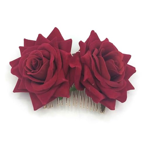 Waltonalice Einsteckkamm Rose Hochzeit Haarschmuck Braut Haarspangen Haarnadel Damen Flamenco Tänzerin Haarschmuck für Hochzeit Verlobung Abschlussball Party Achteckiges Rosenrot 2 Stück von Waltonalice