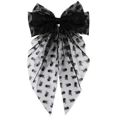 Waltonalice Haarschleifen Clip Haarspangen mit großer Schleife haarklammer Schleife Haarschmuck für Damen Mädchen Spitze Haarschleife Haarspangen für halloween Schwarzer Totenkopf 2 Stück von Waltonalice