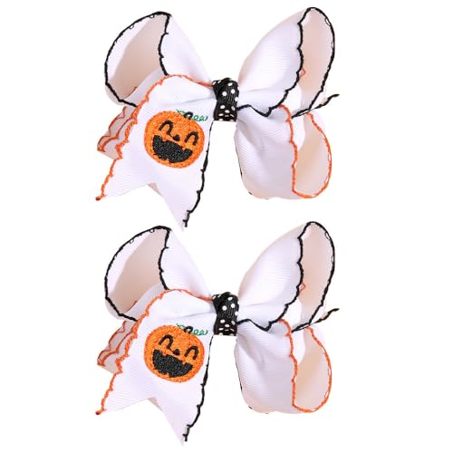 Waltonalice Halloween Haarschleifen Clip Haarspangen mit Schleife haarklammer Schleife Haarschmuck für Damen Mädchen Stoff Haarschleife Haarspangen für halloween Kleiner weißer Kürbis 2 Stück von Waltonalice