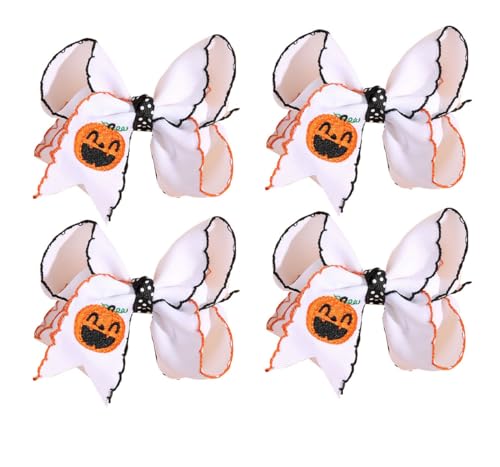 Waltonalice Halloween Haarschleifen Clip Haarspangen mit Schleife haarklammer Schleife Haarschmuck für Damen Mädchen Stoff Haarschleife Haarspangen für halloween Kleiner weißer Kürbis 4 Stück von Waltonalice