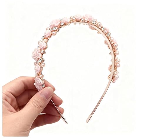 Waltonalice Perlen Haarreif Glitter Strass Stirnband Braut Stirnbänder haarreif blumen damen dirndl haarschmuck Haarreifen mit Perlen Kunstperlen Haarband Kopfschmuck Hair Accessories Rosa von Waltonalice