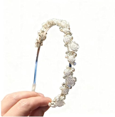Waltonalice Perlen Haarreif Glitter Strass Stirnband Braut Stirnbänder haarreif blumen damen dirndl haarschmuck Haarreifen mit Perlen Kunstperlen Haarband Kopfschmuck Hair Accessories Weiß von Waltonalice