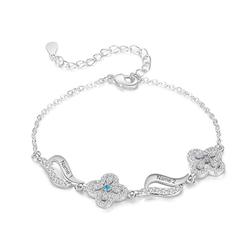 Armband Damen Schmuck Frauen Geschenk - Vierblättriges Kleeblatt Personalisierte Schmuck Armbänder Charms Bracelet Geburtsstein Weihnachten Geschenk für Sie Mama Freundin (2 Namen 2 Geburtssteine) von Wamantic