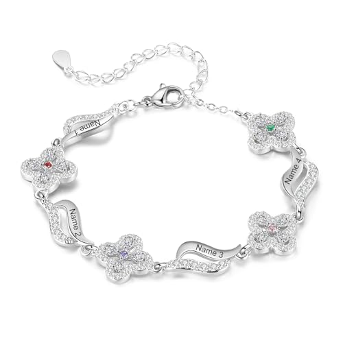 Armband Damen Schmuck Frauen Geschenk - Vierblättriges Kleeblatt Personalisierte Schmuck Armbänder Charms Bracelet Geburtsstein Weihnachten Geschenk für Sie Mama Freundin (4 Namen 4 Geburtssteine) von Wamantic