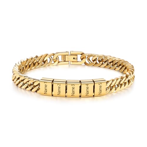 Armband Herren Personalisiert mit Gravur 2-6 Namen – Edelstahl Herren Armband Kubanisches Kettenarmband, Geschenk für Männer, Papa, Ehemann, Opa, Geburtstag, Vatertag, Weihnachten (Gold – 5 Namen) von Wamantic