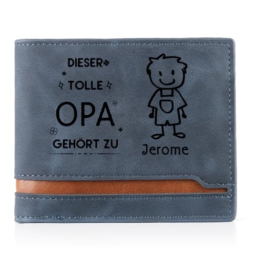 Geldbörse Herren PU Leder Personalisierte - Portmonee Herren mit 1-6 Namen des Familienmitglieds Geschenk für Papa Opa Großeltern Weihnachten Geburtstag Vatertag (Blau-Opa Geschenk-1 Name) von Wamantic