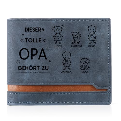 Geldbörse Herren PU Leder Personalisierte - Portmonee Herren mit 1-6 Namen des Familienmitglieds Geschenk für Papa Opa Großeltern Weihnachten Geburtstag Vatertag (Blau-Opa Geschenk-5 Namen) von Wamantic