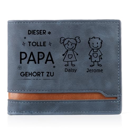 Geldbörse Herren PU Leder Personalisierte - Portmonee Herren mit 1-6 Namen des Familienmitglieds Geschenk für Papa Opa Großeltern Weihnachten Geburtstag Vatertag (Blau-Papa Geschenk-2 Namen) von Wamantic