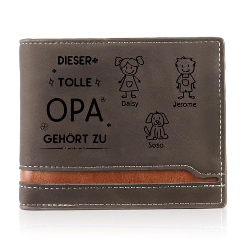 Geldbörse Herren PU Leder Personalisierte - Portmonee Herren mit 1-6 Namen des Familienmitglieds Geschenk für Papa Opa Großeltern Weihnachten Geburtstag Vatertag (Braun-Opa Geschenk-3 Namen) von Wamantic