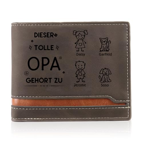 Geldbörse Herren PU Leder Personalisierte - Portmonee Herren mit 1-6 Namen des Familienmitglieds Geschenk für Papa Opa Großeltern Weihnachten Geburtstag Vatertag (Braun-Opa Geschenk-4 Namen) von Wamantic