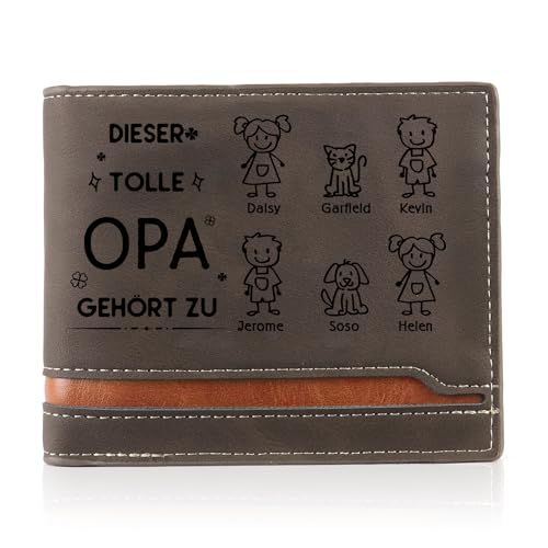 Geldbörse Herren PU Leder Personalisierte - Portmonee Herren mit 1-6 Namen des Familienmitglieds Geschenk für Papa Opa Großeltern Weihnachten Geburtstag Vatertag (Braun-Opa Geschenk-6 Namen) von Wamantic