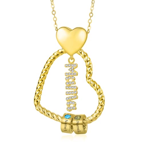 Kette Damen Geschenke für Mama - Personalisierte MAMA Kette mit 1–5 Namen Halskette Schmuck Charms Anhänger für Mutter Tochter Weihnachten Muttertag Geburtstag (Herz-Gold-2 Name 2 Geburtsstein) von Wamantic