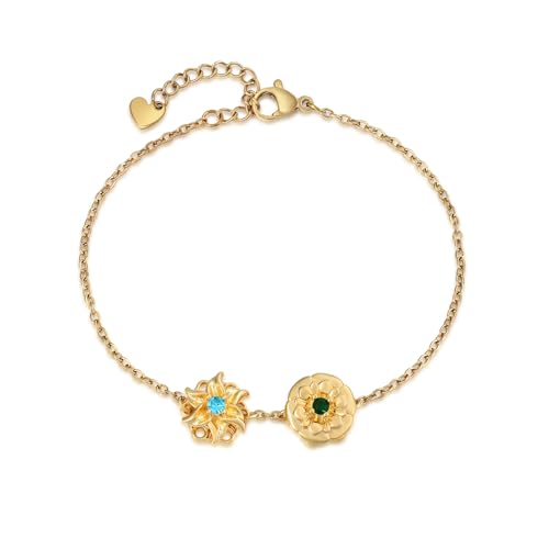 Personalisierte Armband Damen Gold mit 2-4 Geburtssteinen & Geburtsblumen – Damenarmband Gold Schmuck Armkette für Frauen Mama Tochter Oma Geburtstag Geschenk (2 Geburtsblumen & Geburtssteine) von Wamantic