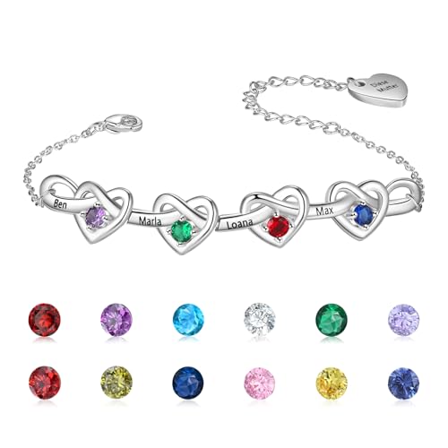 Personalisierte Armband Silber Damen Frauen Geschenk - Herz Armbänder Schmuck Geburtsstein Armkette Mutter Tochter Armband Bracelet Charms für Sie Frauen Freundin Mama (4 Geburtssteine ​​4 Namen) von Wamantic