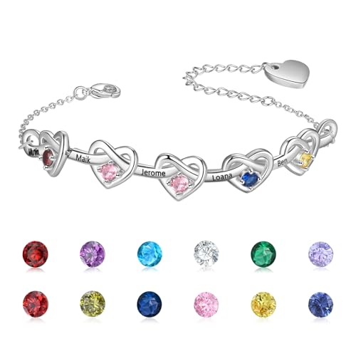 Personalisierte Armband Silber Damen Frauen Geschenk - Herz Armbänder Schmuck Geburtsstein Armkette Mutter Tochter Armband Bracelet Charms für Sie Frauen Freundin Mama (5 Geburtssteine 5 Namen) von Wamantic