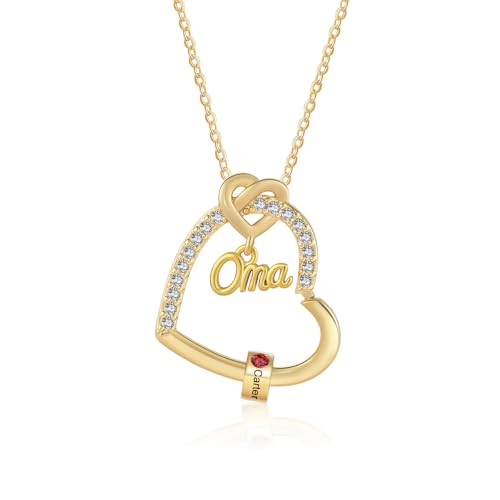 Personalisierte OMA Kette Damen mit 1–5 Namen Halskette Anhänger Damen Schmuck Mutter Tochter Geschenk für Frauen Mama Oma Muttertag Zum Geburtstag Weihnachten (Gold-Herz-1 Geburtsstein 1 Name) von Wamantic