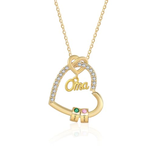 Personalisierte OMA Kette Damen mit 1–5 Namen Halskette Anhänger Damen Schmuck Mutter Tochter Geschenk für Frauen Mama Oma Muttertag Zum Geburtstag Weihnachten (Gold-Herz-2 Geburtssteine 2 Namen) von Wamantic