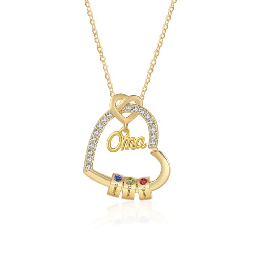Personalisierte OMA Kette Damen mit 1–5 Namen Halskette Anhänger Damen Schmuck Mutter Tochter Geschenk für Frauen Mama Oma Muttertag Zum Geburtstag Weihnachten (Gold-Herz-3 Geburtssteine 3 Namen) von Wamantic
