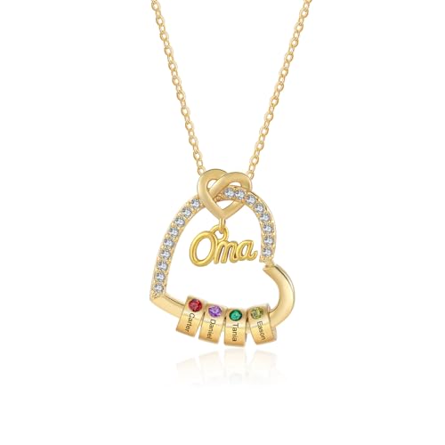Personalisierte OMA Kette Damen mit 1–5 Namen Halskette Anhänger Damen Schmuck Mutter Tochter Geschenk für Frauen Mama Oma Muttertag Zum Geburtstag Weihnachten (Gold-Herz-4 Geburtssteine 4 Namen) von Wamantic