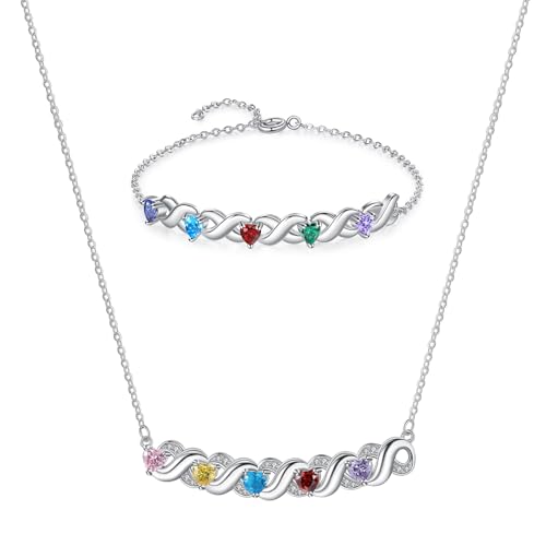 Schmuck Set Damen Kette Armband - Fossil Schmuck Damen Set Personalisierte Namenskette Armbänder Silber mit Gravur 2–7 Namen für Mütter Tochter (5 Geburtssteine ​​5 Namen) von Wamantic