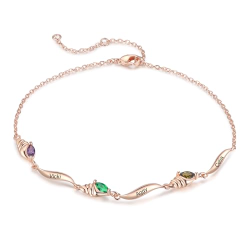 Wamantic Fußkettchen für Frauen Personalisierte Geschenk- Fossil Armband Damen mit 1-5 Charms Geburtsstein, Gravur Name Fußkettchen Armband für Mutter Tochter (3 Namen 3 Geburtssteine) von Wamantic