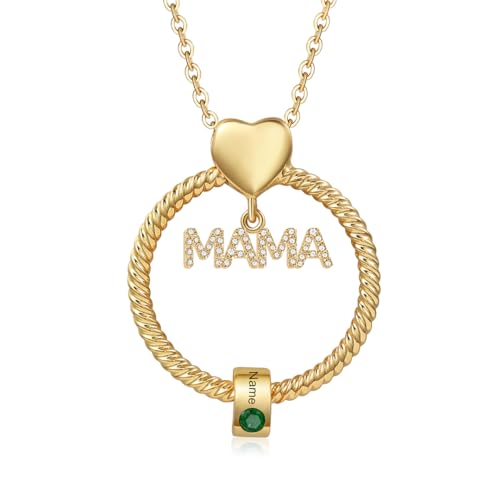 Kette Damen Geschenke für Mama - Personalisierte MAMA Kette mit 1–5 Namen Halskette Schmuck Charms Anhänger für Mutter Tochter Weihnachten Muttertag Geburtstag (Gold-1 Name 1 Geburtsstein) von Wamantic