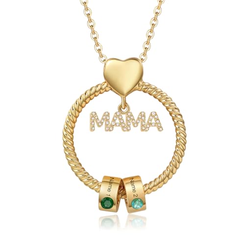 Kette Damen Geschenke für Mama - Personalisierte MAMA Kette mit 1–5 Namen Halskette Schmuck Charms Anhänger für Mutter Tochter Weihnachten Muttertag Geburtstag (Gold-2 Name 2 Geburtsstein) von Wamantic
