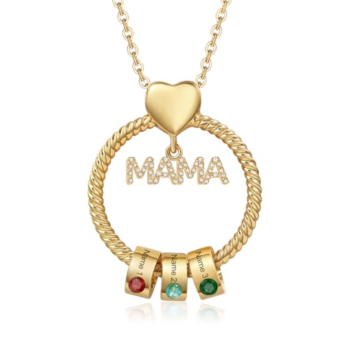 Kette Damen Geschenke für Mama - Personalisierte MAMA Kette mit 1–5 Namen Halskette Schmuck Charms Anhänger für Mutter Tochter Weihnachten Muttertag Geburtstag (Gold-3 Name 3 Geburtsstein) von Wamantic