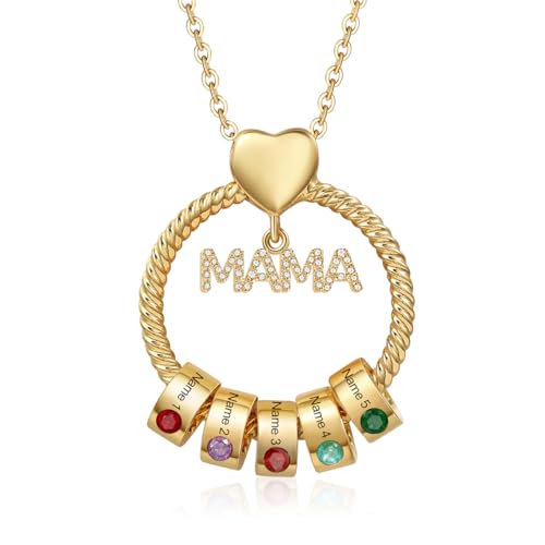 Kette Damen Geschenke für Mama - Personalisierte MAMA Kette mit 1–5 Namen Halskette Schmuck Charms Anhänger für Mutter Tochter Weihnachten Muttertag Geburtstag (Gold-5 Namen 5 Geburtssteine) von Wamantic
