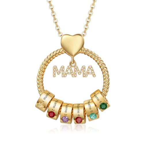 Kette Damen Geschenke für Mama - Personalisierte MAMA Kette mit 1–5 Namen Halskette Schmuck Charms Anhänger für Mutter Tochter Weihnachten Muttertag Geburtstag (Gold-6 Namen 6 Geburtssteine) von Wamantic