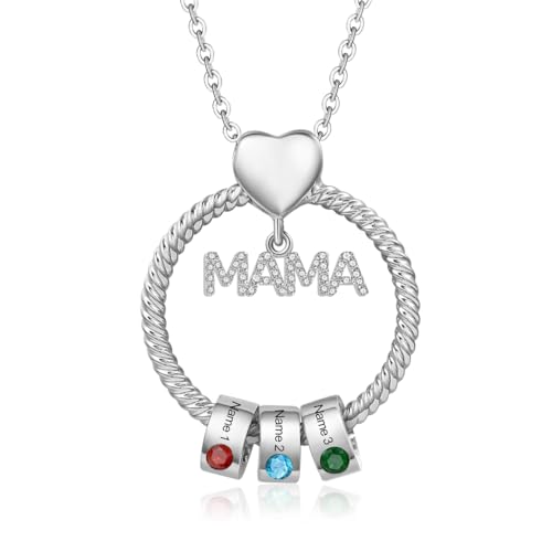 Kette Damen Geschenke für Mama - Personalisierte MAMA Kette mit 1–5 Namen Halskette Schmuck Charms Anhänger für Mutter Tochter Weihnachten Muttertag Geburtstag (Silber-3 Namen 3 Geburtssteine) von Wamantic