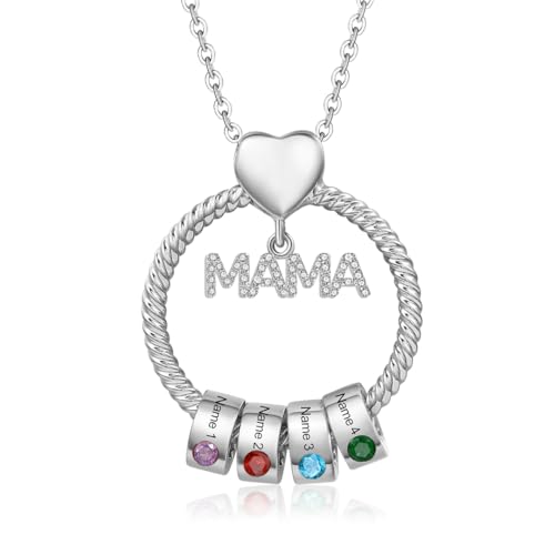Kette Damen Geschenke für Mama - Personalisierte MAMA Kette mit 1–5 Namen Halskette Schmuck Charms Anhänger für Mutter Tochter Weihnachten Muttertag Geburtstag (Silber-4 Namen 4 Geburtssteine) von Wamantic