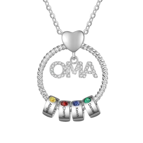 Personalisierte OMA Kette Damen mit 1–5 Namen Halskette Anhänger Damen Schmuck Mutter Tochter Geschenk für Frauen Mama Oma Zum Geburtstag Weihnachten Muttertag (Rund-Silber-4 Geburtssteine ​​4 Namen) von Wamantic