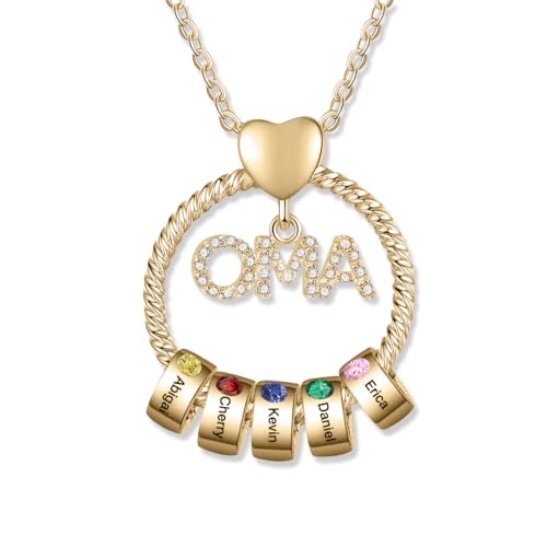 Personalisierte OMA Kette Damen mit 1–5 Namen Halskette Anhänger Damen Schmuck Mutter Tochter Geschenk für Frauen Mama Oma Zum Geburtstag Weihnachten Muttertag (Rund-Gold-5 Geburtssteine ​​5 Namen) von Wamantic