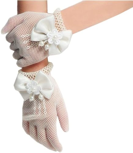 1 Paar Blumen Mädchen Weiße Kurze Handschuhe mit Schleife,Fischnetz Handschuhe Netzhandschuhe Mesh Gloves Prinzessinnenhandschuhe für Hochzeit Party Bankett Erstkommunion TeeParty, von Wambere