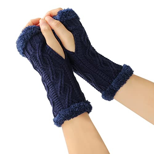 1 Paar Damen Fingerlose Handschuhe,Winter Warmhalten Armstulpen Gestrickte Kurzhandschuhe Halbe Fingerhandschuhe mit Fleece Futter,Strickhandschuhe Armhandschuhe für Outdoor Aktivitäten,Dunkelblau von Wambere