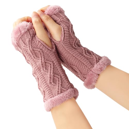1 Paar Damen Fingerlose Handschuhe,Winter Warmhalten Armstulpen Gestrickte Kurzhandschuhe Halbe Fingerhandschuhe mit Fleece Futter,Strickhandschuhe Armhandschuhe für Outdoor Aktivitäten,Rosa Lila von Wambere