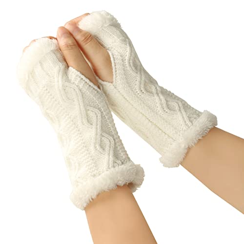 1 Paar Damen Fingerlose Handschuhe,Winter Warmhalten Armstulpen Gestrickte Kurzhandschuhe Halbe Fingerhandschuhe mit Fleece Futter,Strickhandschuhe Armhandschuhe für Outdoor Aktivitäten,Weiß von Wambere