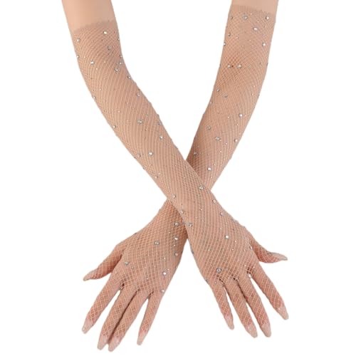 1 Paar Lange Netzhandschuhe für Damen,Glitzer Strass Lange Handschuhe Fischnetz Handschuhe,Vintage Abendhandschuhe Operahandschuhe,für Hochzeit Halloween Maskerade Cosplay,Beige von Wambere