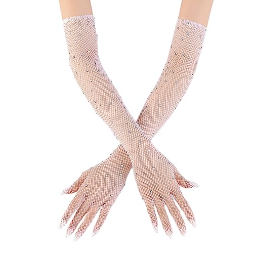 1 Paar Lange Netzhandschuhe für Damen,Glitzer Strass Lange Handschuhe Fischnetz Handschuhe,Vintage Abendhandschuhe Operahandschuhe,für Hochzeit Halloween Maskerade Cosplay,Weiß von Wambere