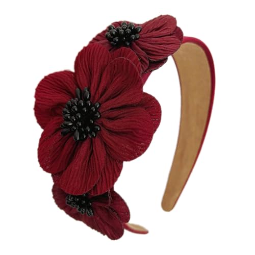 1 Stück Damen Blumenstirnband mit Perlen,Blumen Headband Kopfband Haarbänder Kopfbänder Stirnbänder Haarreif Haarschmuck Kopfbedeckung für Frauen Mädchen Hochzeit Geburtstag Party,Rot von Wambere