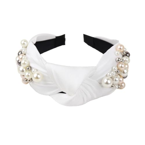 1 Stück Damen Breite Haarreif Vintage Perlenstirnband Geknotetes Stirnband Kopfband Haarreifen Knoten Stirnbänder Headband Haarband Haarschmuck Kopfbedeckung für Frauen Mädchen,Weiß von Wambere