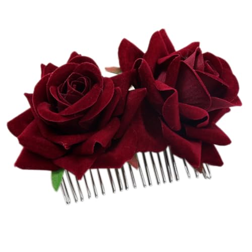 1 Stück Damen Rosenhaarkamm Haarschmuck Rosengirlande Hochzeit Künstliche Rose Blumen Kopfschmuck Braut Haarkämme Haarkämmchen für Hochzeit Karneval Party Bankett Abschlussball,Weinrot von Wambere