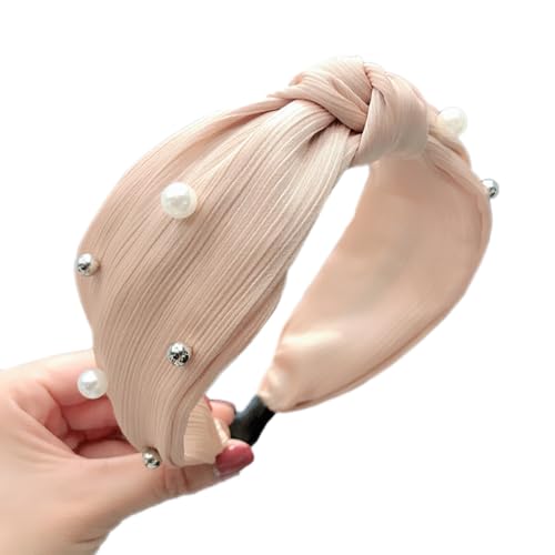 1 Stück Damen Stirnband mit Perlen,Breite 6cm Haarband Haarreifen Haarbänder Haarreif Headband Kopfschmuck Kopfbedeckung Haarschmuck für Frauen Mädchen für Tägliche Abnutzung,Beige von Wambere