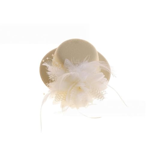 1 Stück Mini-Hut mit Clip,Kleiner Hut Haarnadeln mit Federn Blumen,Fascinator Hüte Clip Haarspange Haar Haarpin Minizylinder für Mädchen Mottoparty Karneval Halloween Accessoire,Naturweiß von Wambere