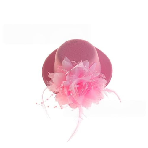 1 Stück Mini-Hut mit Clip,Kleiner Hut Haarnadeln mit Federn Blumen,Fascinator Hüte Clip Haarspange Haar Haarpin Minizylinder für Mädchen Mottoparty Karneval Halloween Accessoire,Pink von Wambere