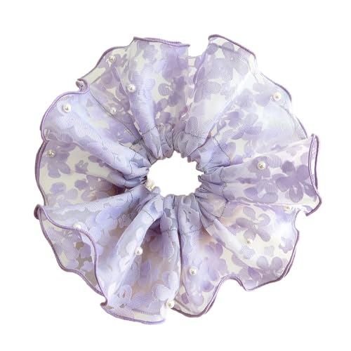 1 Stück Spitzen Haarring mit Perlen,Damen Groß Haargummis Dickdarm Haarband Tüll Haargummi Elastische Haarbänder Gummibänder Haarseil Scrunchies Pferdeschwanzhalter Haarschmuck,Lila von Wambere