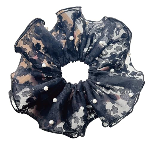 1 Stück Spitzen Haarring mit Perlen,Damen Groß Haargummis Dickdarm Haarband Tüll Haargummi Elastische Haarbänder Gummibänder Haarseil Scrunchies Pferdeschwanzhalter Haarschmuck,Schwarz von Wambere